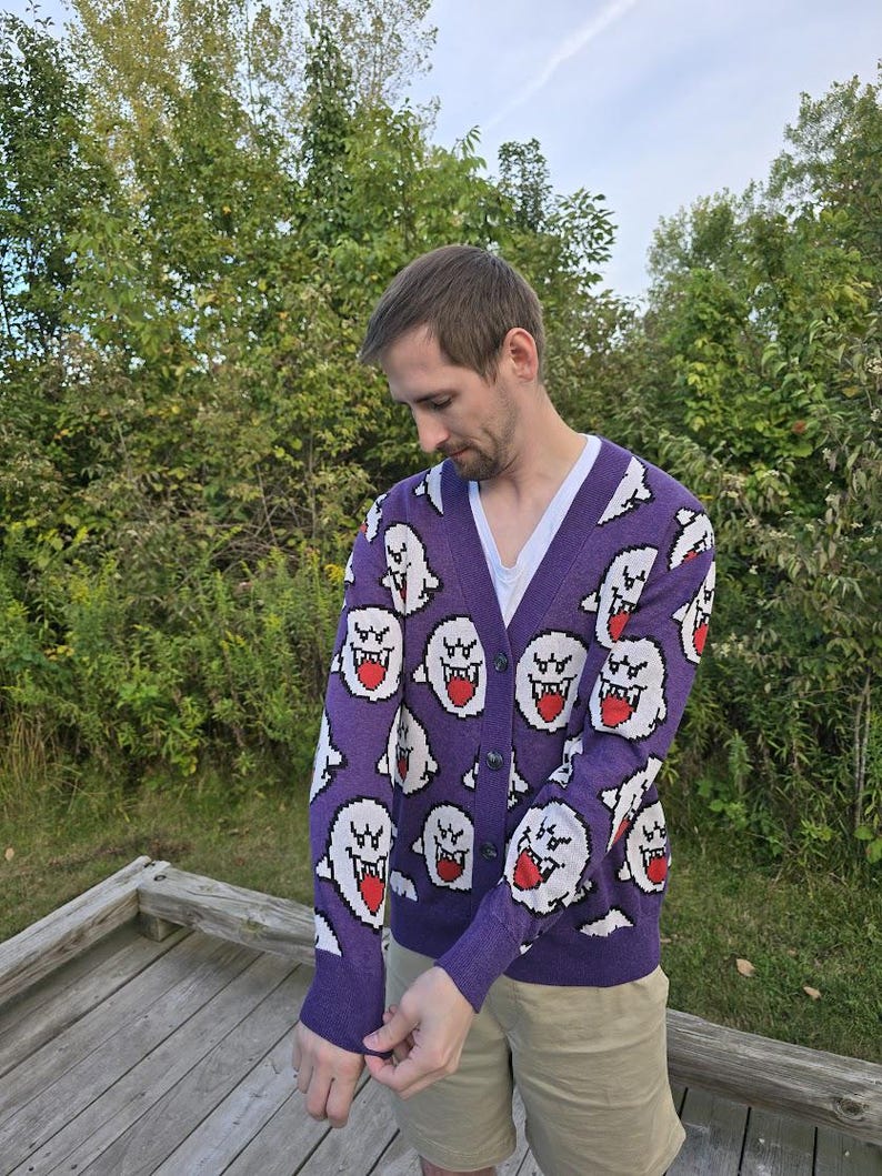 Boo Ghost Cardigan | Gamer Halloween Sweater | Videogame Gifts | Pixel Art | Cozy Gamer | Cozy Gaming | Gamer Sweater image 7