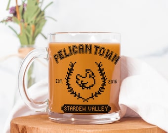 Pelican Town Pixel Glass Mug | Stardew Valley Inspired Gift | Vintage Varsity Glass | Decor Chicken | Cozy Gaming | Gamer Merch | Home Goods