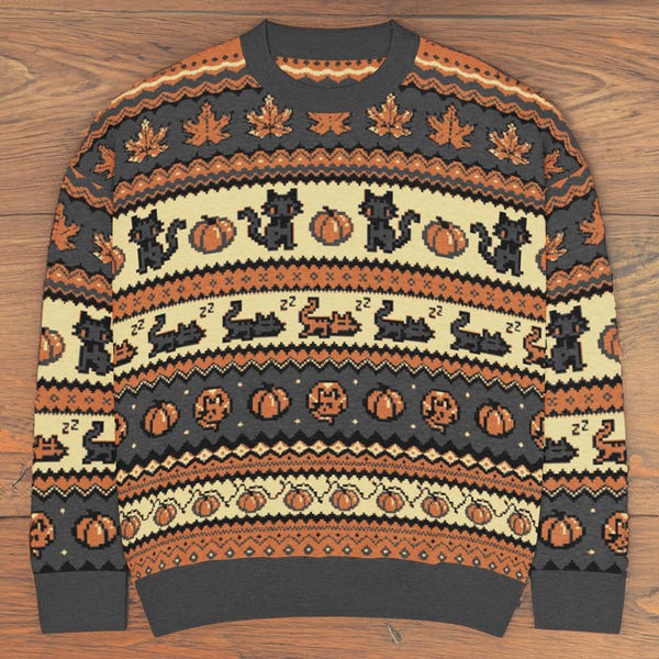 Suéter de otoño con gatitos y calabazas pixeladas / Suéter de punto otoñal / Gato negro y naranja de Stardew Valley / Regalos pixelados / Halloween gamer acogedor