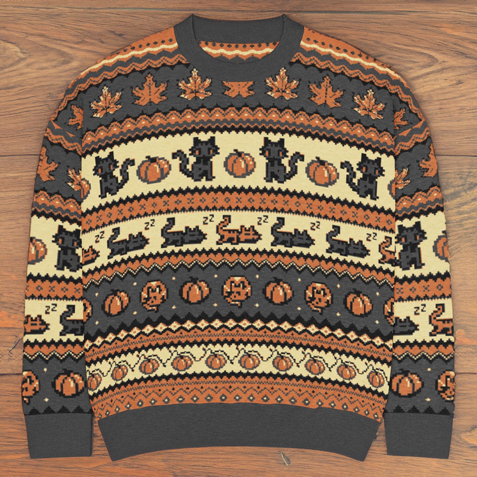 Fall Pixel Kitties and Pumpkins Sweater | Autumn Knit Sweater | Stardew Valley Black Orange Cat | Pixel Art Gifts | Cozy Gamer Halloween