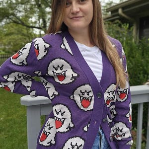 Boo Ghost Cardigan | Gamer Halloween Sweater | Videogame Gifts | Pixel Art | Cozy Gamer | Cozy Gaming | Gamer Sweater image 6