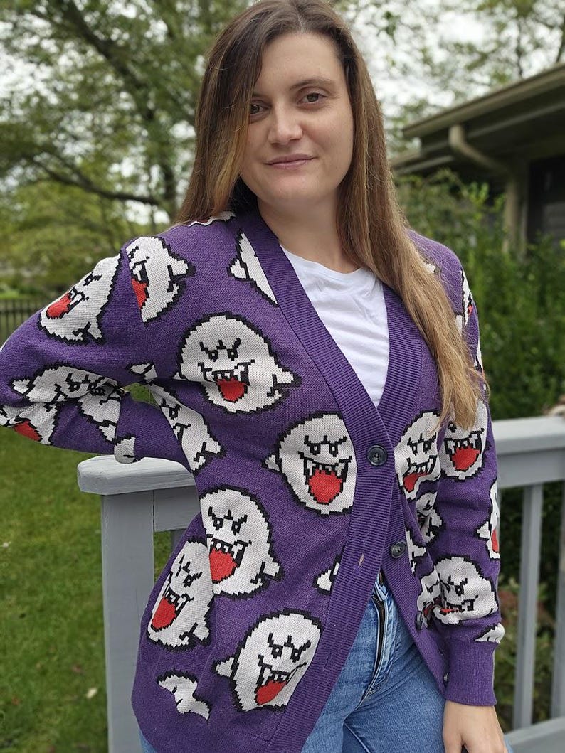 Boo Ghost Cardigan | Gamer Halloween Sweater | Videogame Gifts | Pixel Art | Cozy Gamer | Cozy Gaming | Gamer Sweater image 6