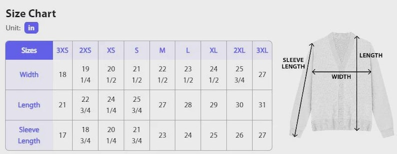 May include: A size chart for a cardigan sweater, with measurements in inches. The chart includes width, length, and sleeve length for sizes 3XS to 3XL. A diagram of the sweater illustrates the measurement points.