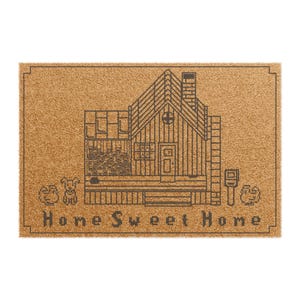 May include: A rectangular doormat with a brown background and a black line drawing of a house, dog, and mailbox. The words "Home Sweet Home" are printed in black at the bottom of the mat.