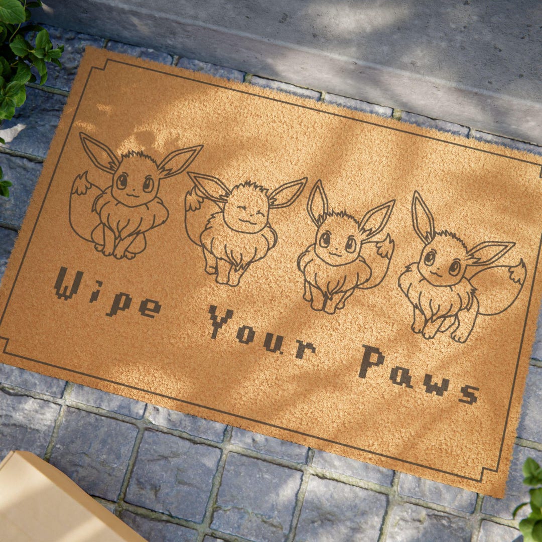 Wipe Your Paws Door Mat | Eevee Inspired Dog Doormat | Poke mon Home Decor | Nerdy Welcome Mat | Millennial Fandom Merch, Anime Nerd Rug
