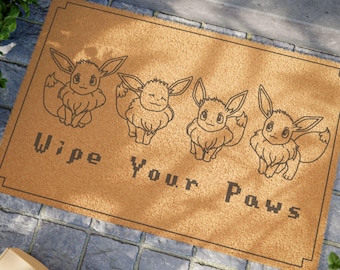 Wipe Your Paws Door Mat | Eevee Inspired Dog Doormat | Poke mon Home Decor | Nerdy Welcome Mat | Millennial Fandom Merch, Anime Nerd Rug