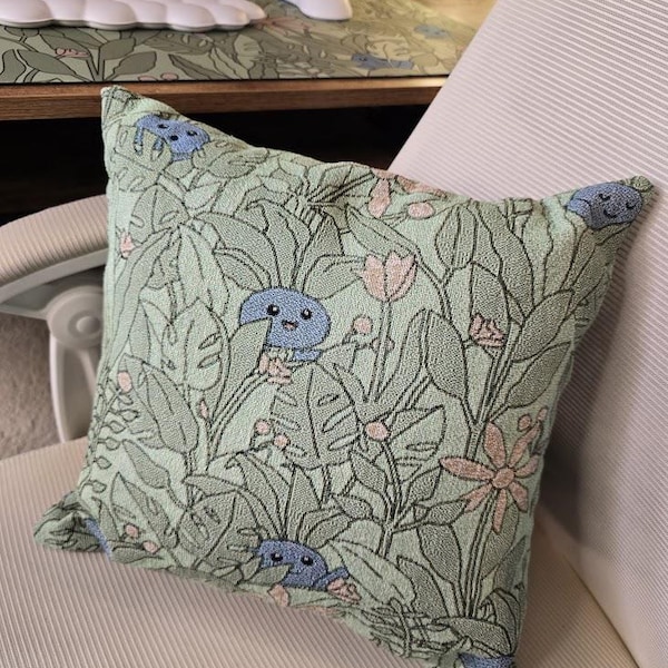 Odd Leaves Oddish Woven Throw Pillow | Botanical Cozy Gaming Home Decor | Poke mon Aesthetic Home Decorations | Anime Tapestry Throw