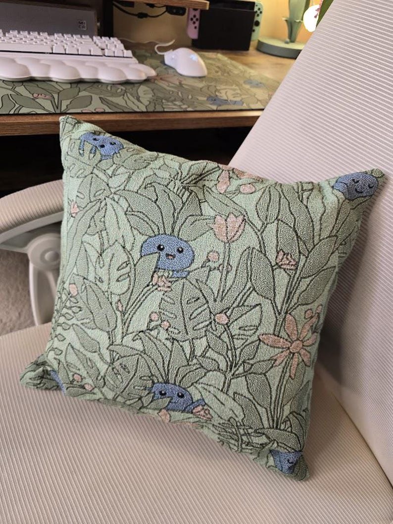 Odd Leaves Oddish Woven Throw Pillow | Botanical Cozy Gaming Home Decor | Poke mon Aesthetic Home Decorations | Anime Tapestry Throw