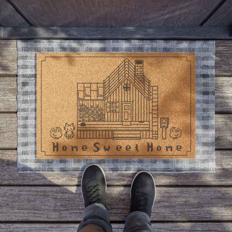 Felpudo "Hogar, dulce hogar" de Stardew Valley / Decoración del hogar de Stardew / Merchandising de Stardew / Alfombra "Pelican Town" de Stardew / Arte pixelado de gatitos y gallinas imagen 4