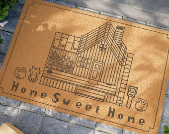 Stardew Valley Home Sweet Home Door Mat | Stardew Home Decor | Stardew Game Merch | Pelican Town Stardew Rug | Kitty Cat Chickens Pixel Art