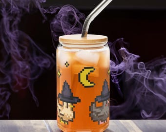 Witch Pixel Chickens Can Glass | Halloween Fall Stardew Valley Inspired Gift | Pixel Art Spooky Season Cup | Cozy Gamer Girl Tumbler
