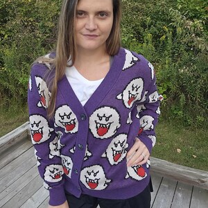 Boo Ghost Cardigan | Gamer Halloween Sweater | Videogame Gifts | Pixel Art | Cozy Gamer | Cozy Gaming | Gamer Sweater image 3
