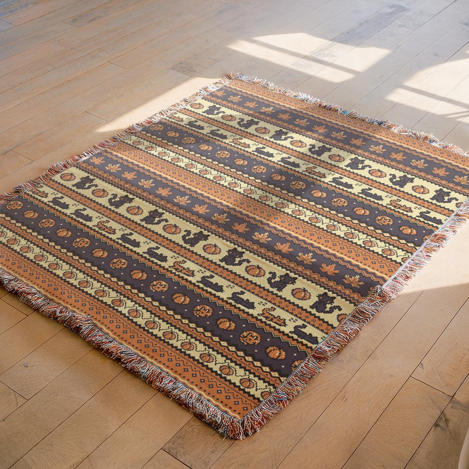 Stardew Fall Pixel Kitties Woven Throw Blanket | Pixel Pumpkins Home Decor | Autumn Fall Decoration | Tapestry Style | Housewarming Gift