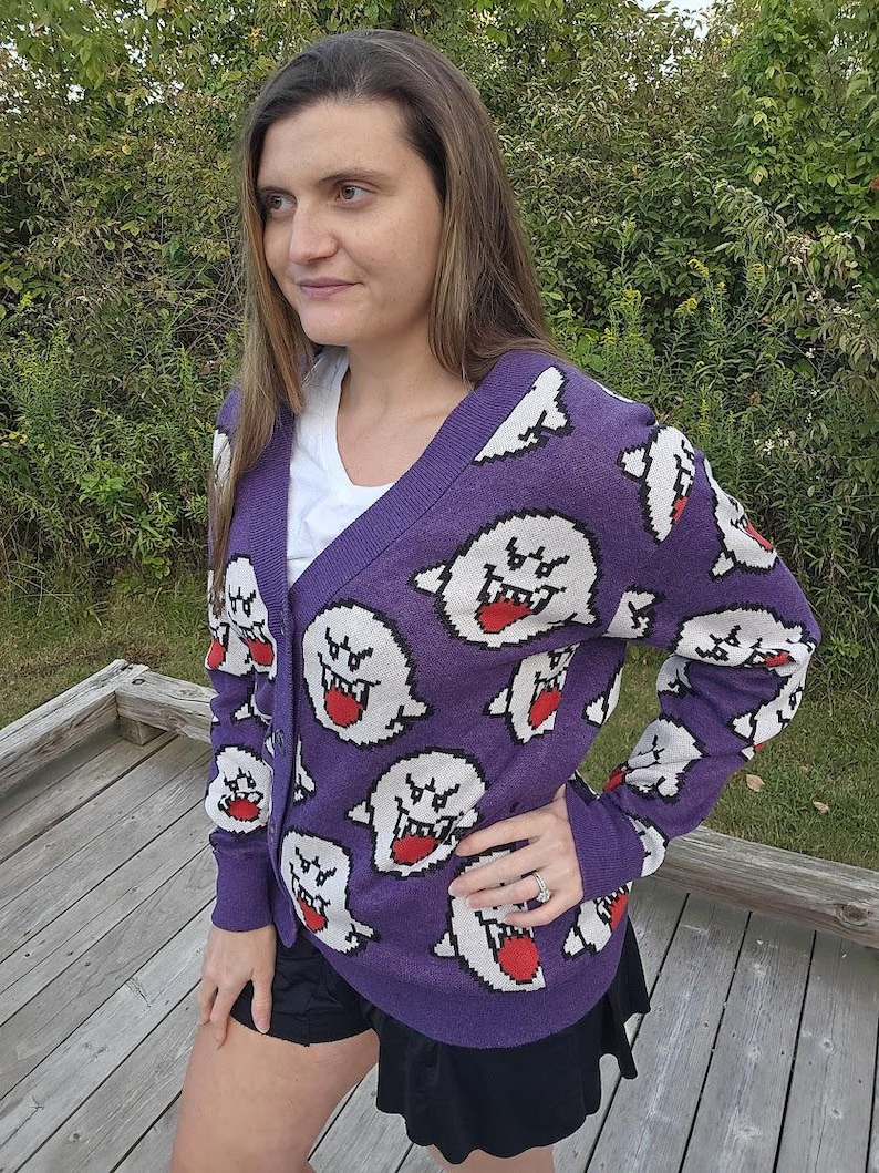 Boo Ghost Cardigan | Gamer Halloween Sweater | Videogame Gifts | Pixel Art | Cozy Gamer | Cozy Gaming | Gamer Sweater image 1