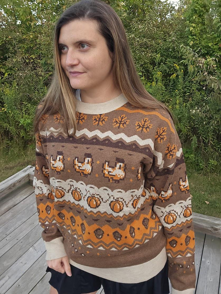 Fall Pixel Chicken Sweater | Autumn Knit Sweater | Stardew Valley Inspired Gifts | Pixel Art | Cozy Gamer | Cozy Gaming | Pumpkin Sweater