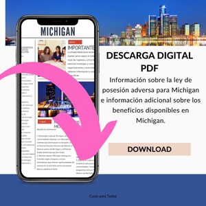 May include: A pink arrow points to a smartphone screen displaying a digital download button for a PDF document. The document contains information about adverse possession laws in Michigan and available benefits. The screen also shows a cityscape of Detroit, Michigan.