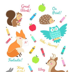 Autocollants Woodland School , Crayons , Enfants , Lapin , Renard , Cerf , Pomme , Enseignant , Récompense , Livres