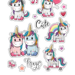 Stickers licorne mignons, enfants, magique, loisirs créatifs, scrapbooking, récompense, arc-en-ciel, rose, bleu, étoile, papillon
