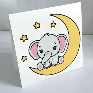 Carte bébé éléphant, Intérieur vierge, Imprimé, Lune, Étoiles, Bienvenue à bébé, Femme enceinte