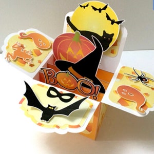 Carte pop pop Halloween bonbons au maïs, chat noir, citrouille, huée, chapeau de sorcière, araignée, fantôme, grenouille, chauve-souris, masque