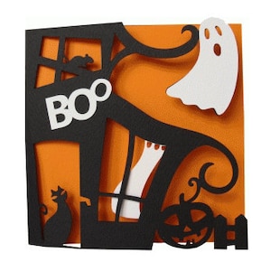 Carte d'Halloween Boo , Intérieur vierge , Fantôme , Chat noir , Maison , Papier découpé