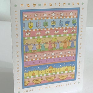Carte Happy Hanukkah , Intérieur vierge , Imprimé , Dreidel , Menorah , Célébration , Lumière , Bougies , Merveilles , Miracles , Famille
