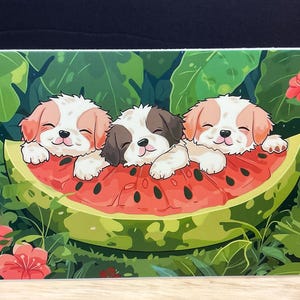 Carte Chiots et pastèque , Mignonne , Vert , Fruit , Dormir , Amour , Animal , Animal de compagnie