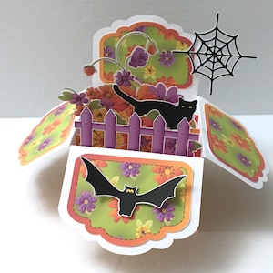 Boîte florale Halloween , chat noir , chauve - souris , fleurs , toile d'araignée , jardin , violets , orange , automne , des bonbons ou un sort