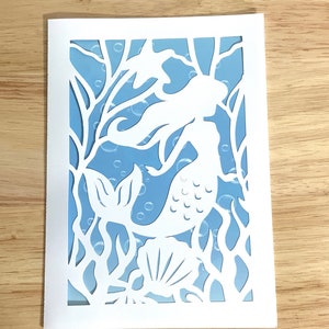 Sous l'eau Mermaid Card , Blank inside , Fin , Swim , Ocean , Coral , Sea Shell , Kids , Adults , Starfish