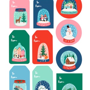 Etiquettes pour globe de Noël , Imprimé , Cadeaux , Maison , Arbre , Neige , Froid , Hiver , Vacances , Joie
