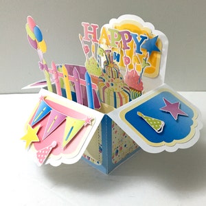Carte d'anniversaire avec boîte pop-up, Intérieur vierge, fête, chapeau, ballon, gâteau, bannière, étoiles, imprimé, cadeau, famille, ami, enfants