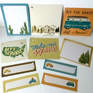 Tags de voyage, lot de 10, montagnes, sauvage, nature, arbres, voiture, camion, carte, lieux, camionnette, cactus, feuille d'or