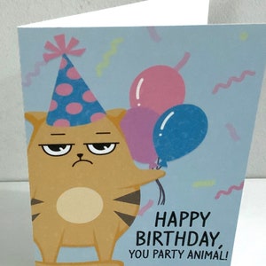 Carte d'animal de fête de joyeux anniversaire, vierge à l'intérieur, imprimée, chat, ballon, ami, famille