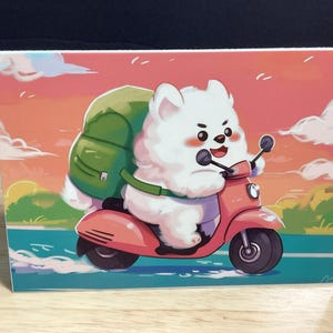 Carte chien, trottinette, voyage, balade, vélo, drôle, mignon, famille, amis, bonjour, juste parce que