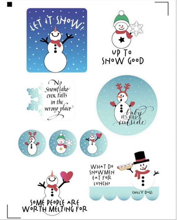 Snowman Winter Stickers , Star , Heart , Snowflakes , Cold , Snow , Fun ,  Kids , Adults , Play , Top Hat , Seals 