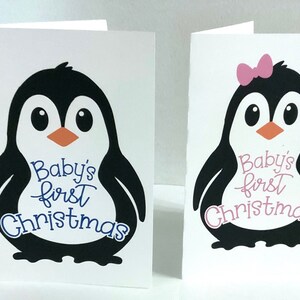 Première carte de Noël de bébé, Imprimée, Garçon, Fille, Noeud de ruban, Rose, Bleu, Pingouin, Vacances, Cadeau, Nouveau parent