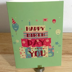 Carte de joyeux anniversaire , Vierge à l'intérieur , Imprimé , Bougies , Nourriture , Confiseries , Ballons , Confettis , Fête