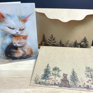 Carte Maman chat avec bébé, chaton, amour, réconfort, femme enceinte, nouveau-né, minou, bonjour