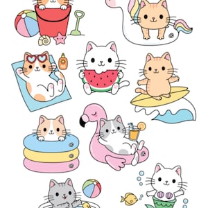 Stickers mignons chatons d'été , Natation , Loisirs créatifs , Scrapbooking , Agenda , Pastèque , Plage , Surf