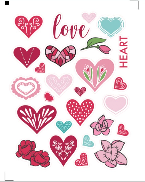 Love Stickers , Valentines Day , Flowers , Hearts , Rose , Pink , Blue ,  Red , Planner , Scrapbooking