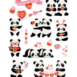 Autocollants Panda Valentine, Amour, Coeur, Mignon, Paire, Cupcake, Flèche, Musique, Bonbons
