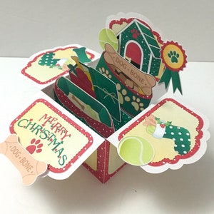 Thème chien Carte pop-up de Noël , Blanc , Os , Boule , Maison , Vacances , Bas , Meilleur ami , Animal de compagnie , Cadeau