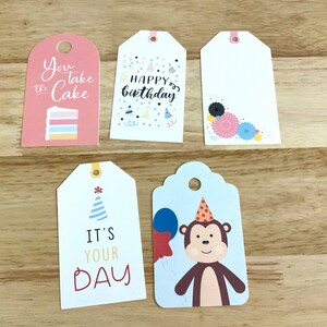 Grandes étiquettes pour cadeaux , Singe , Anniversaire , Gâteau , Adultes , Enfants , Fête , Ballons , Confettis