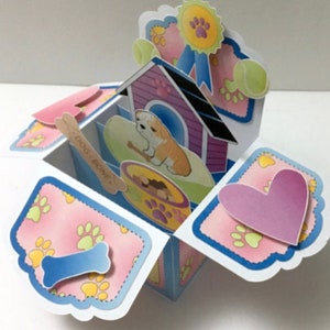 Carte de boîte pop-up sur le thème du chien, vierge, Bull Dog, os, maison, récompense, empreinte de patte, cœur, amour