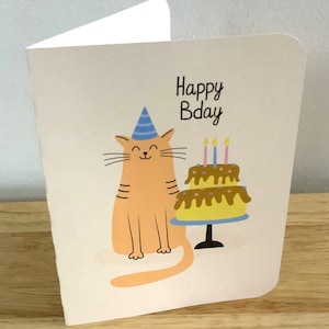 Carte Happy Bday, vierge à l'intérieur, imprimée, gâteau, bougies, chaton, chat, fête, chapeau, sourire, famille, amis, enfants, adultes