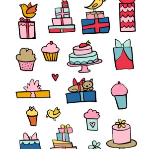 Stickers C'est votre anniversaire , Fête , Chat , Kitty , Cadeaux , Nœuds papillon , Cupcake , Oiseau , Crème glacée , Fête