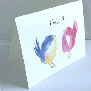 Carte Hello Birdie, intérieur vierge, imprimé, bleu, rose, amis, famille, voisin, cadeau