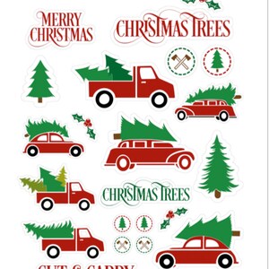 Stickers sapin de Noël frais, camion rouge, carton, pin, hache, bois, nature, jours fériés
