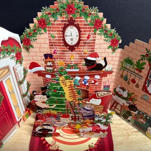 Carte à trois volets Joyeux Noël chat , Hiver , Festif , Père Noël , Classique , Nostalgique , Cadeaux , Fille , Neige