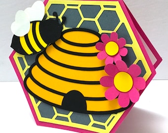 Bee Hive Card , Blank inside , Bumble Bee , Flower , Pink , Yellow , Black , Honeycomb , Spring , Summer